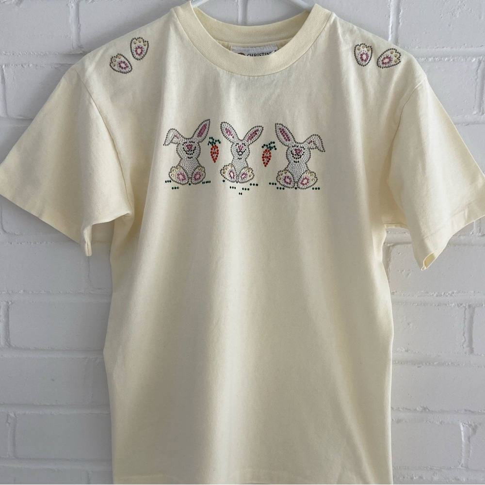 Christine Alexander Cream Spring Easter Bunny Rhinestone Tee For Women Size S